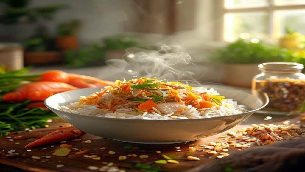 Arroz Integral com Frango Desfiado e Cenoura, — Receita prática de arroz integral com frango desfiado e cenoura para seu a...