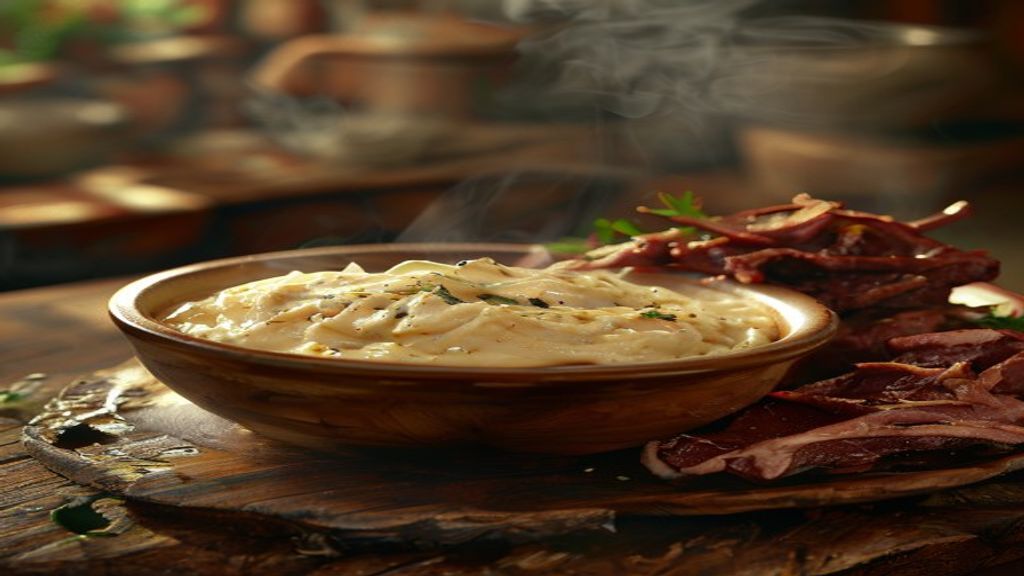 A mandioca cozida e batida cria um creme naturalmente espesso e aveludado. Combinado com carne seca desfiada ou costela be...