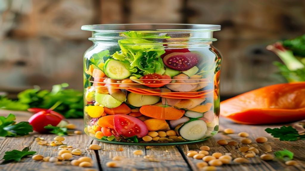 Salada no pote com grão-de-bico, frango e legumes em camadas — Salada no pote com grão-de-bico e frango: 5 receitas fáceis...