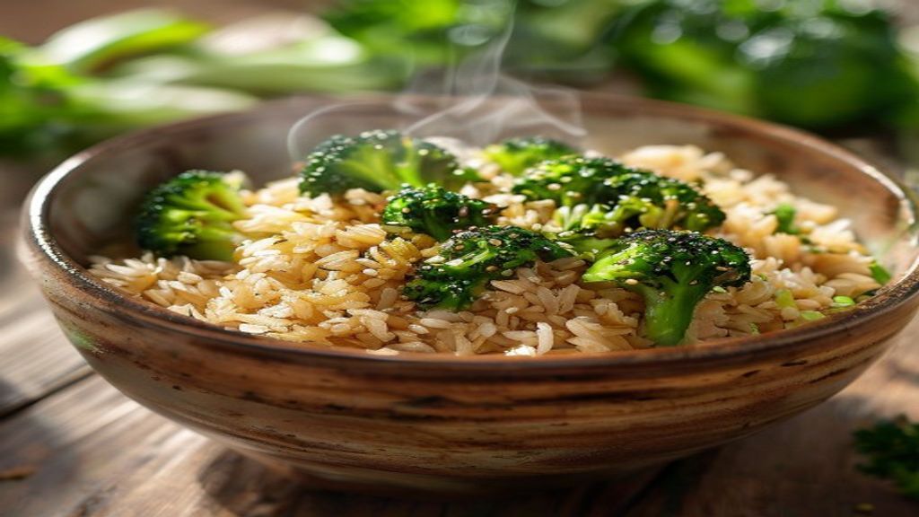 Arroz de brócolis picadinho feito com arroz integral — Arroz integral com brócolis picadinho: receita saudável para variar...